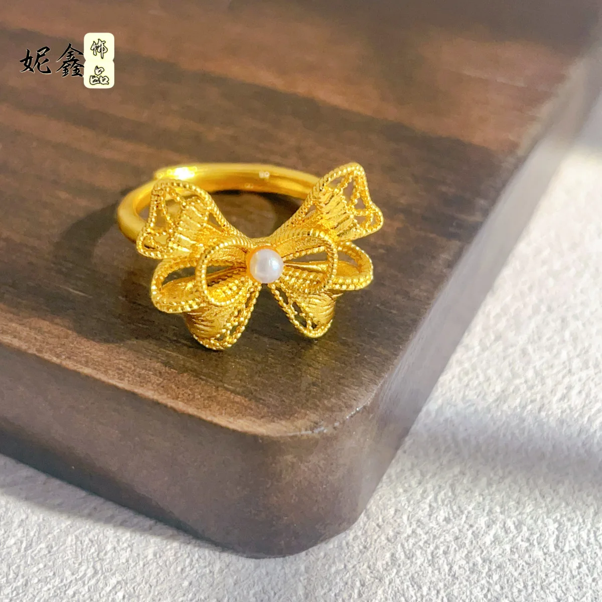 Viora Jewelry Filigree Bow Open Ring Women's 24K Gold AU999 - 24K pure gold bow filigree ring, eye-catching shine, charming dati