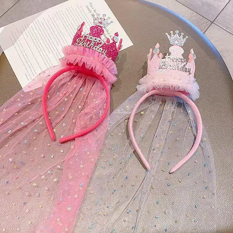 Alles Gute zum Geburtstag! Kronen-Haarreif mit langem, glitzernden Schleier, Prinzessinnen-Tiara für Mädchen, Kindergeburtstagsfeier, Fotoshooting. – Detail 7