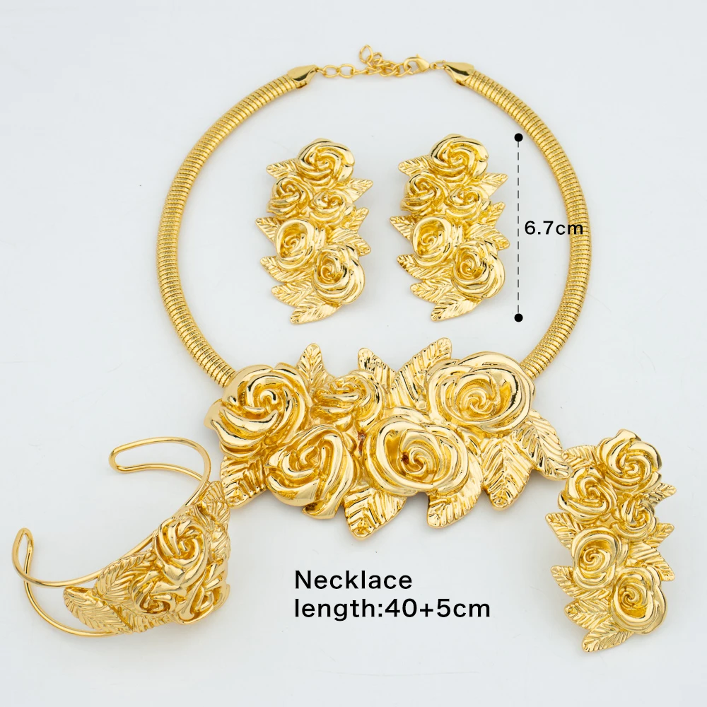 Dubai Big Flower Jewelry Set Fashionable African Necklace Gold Plated Earrings Pretty Lady Bracelet Ring Design Accessories