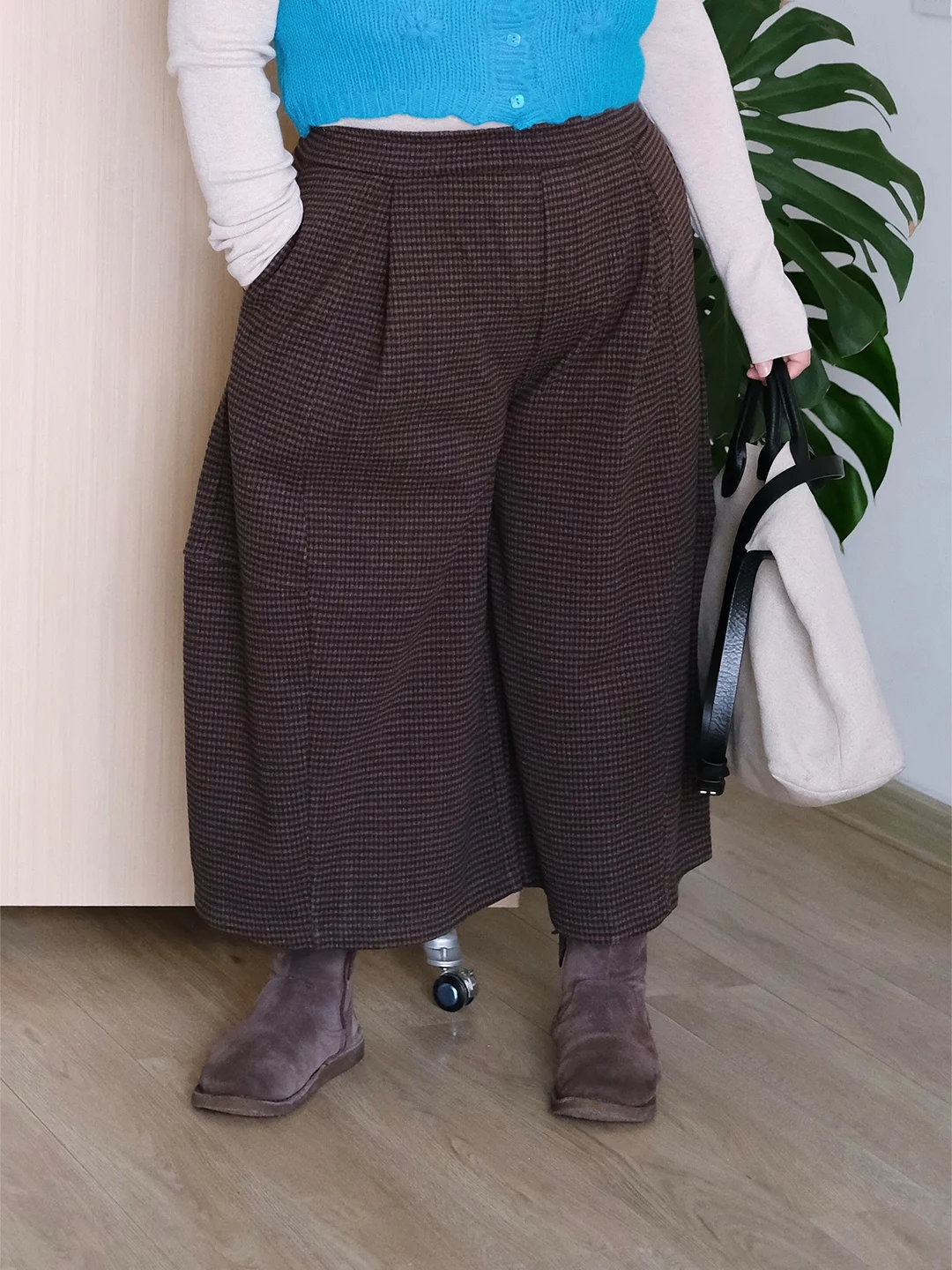 

Zooobaby24 Корейские легкие ретро-шерстяные брюки в клетку с эластичным поясом, широкие штанины, высокая талия, свободный крой, повседневные, осень-зима