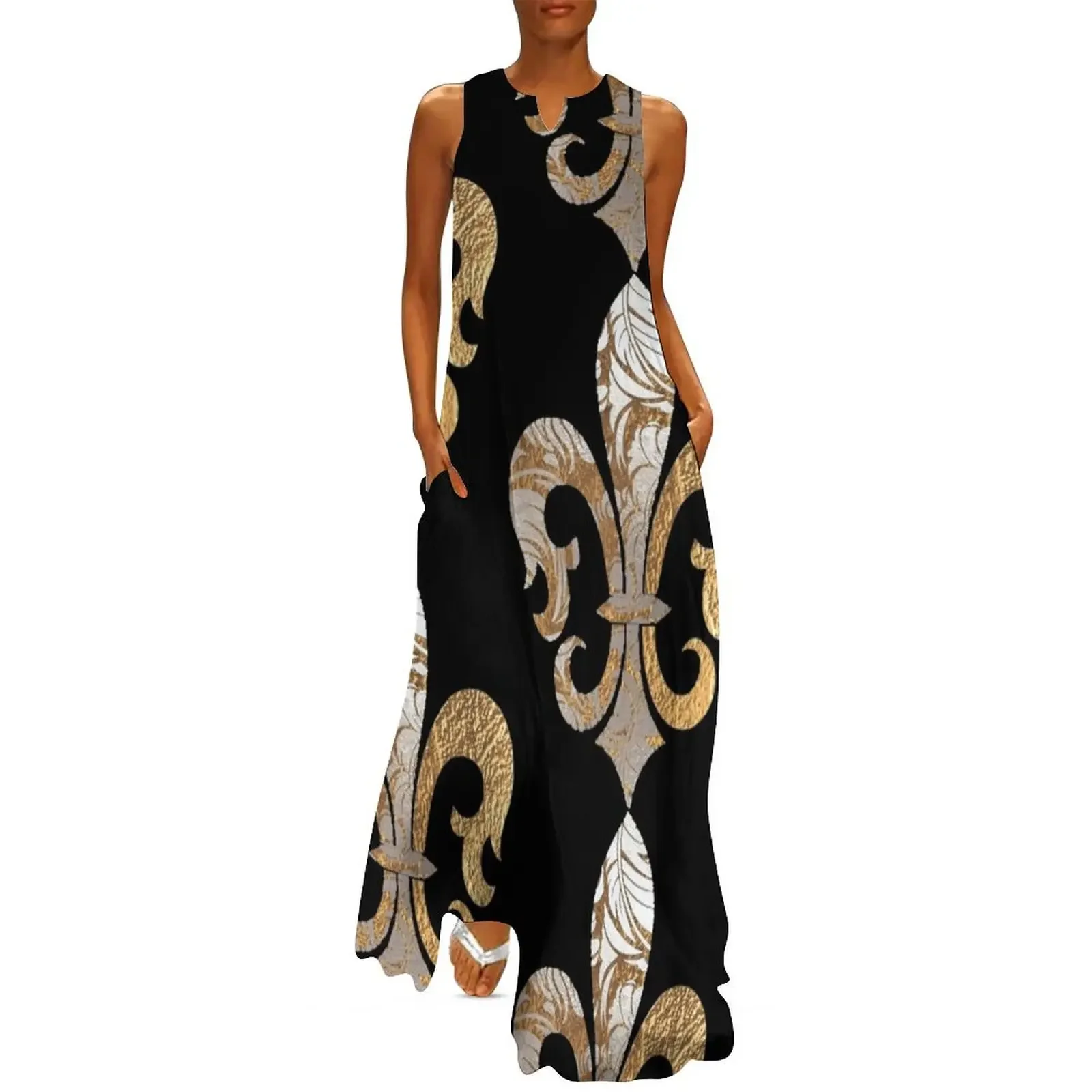 

Fleur de Lis, Faux Silver+Gold Damask Long Dress purple dress dresses for woman 2025 Dress