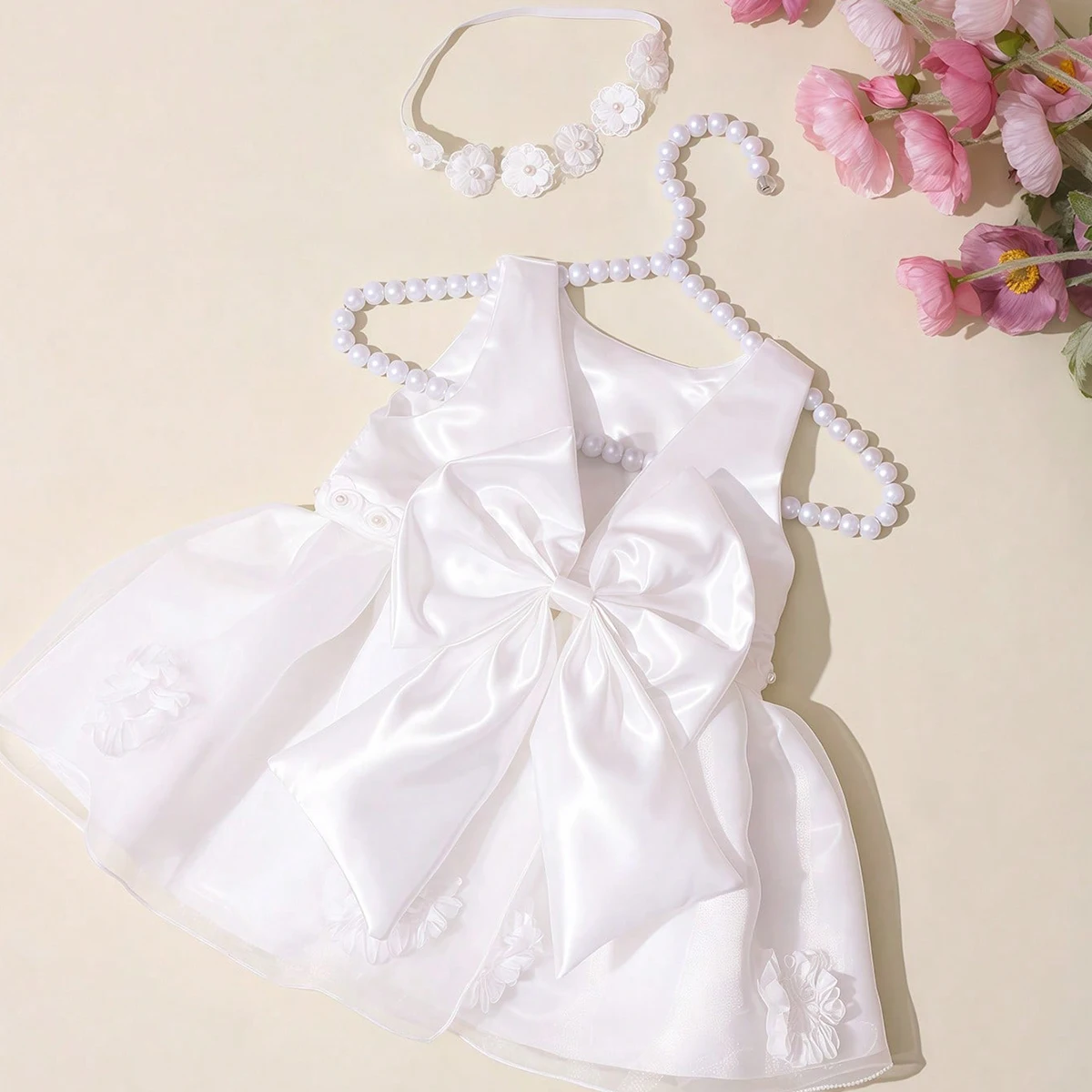 

Ylsteed 2Pcs Set White Newborn Girl Dress For Photo Shooting Big Bowknot Baby Photography Dress With Pearl Headband