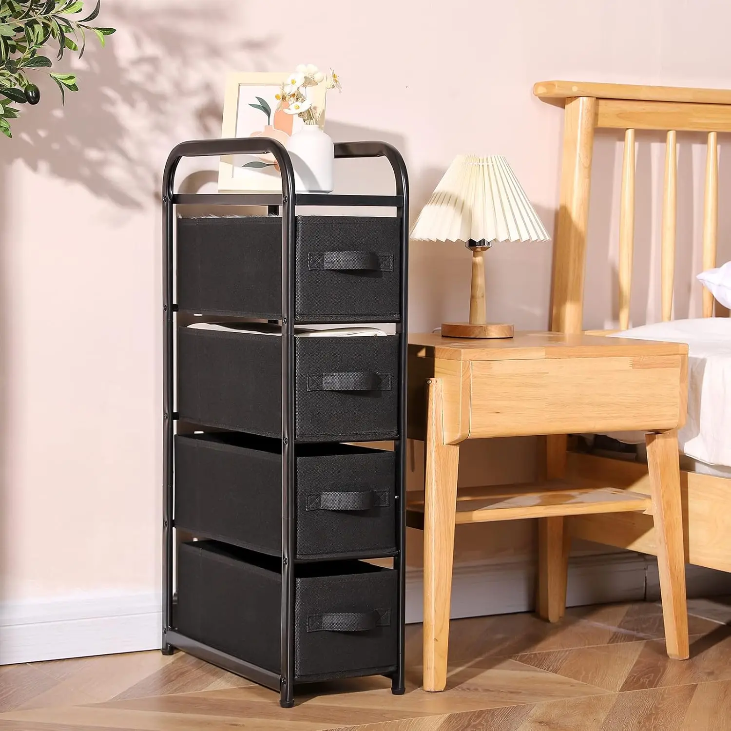 4 Drawer Narrow Dresser Fabric Storage Tower Vertical Slim Chest Organizer Nightstand Side/End Table Small Standing Organizer