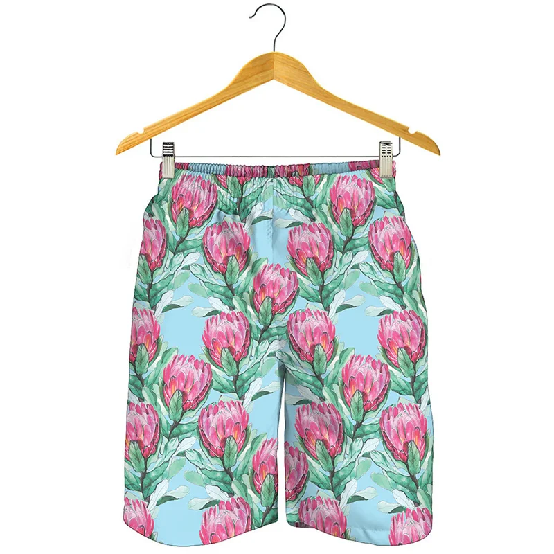 New In Protea Flower Graphic Beach Shorts For Men 3D Printed Floral Swimming Trunks Casual Street Summer Loose Short Pants