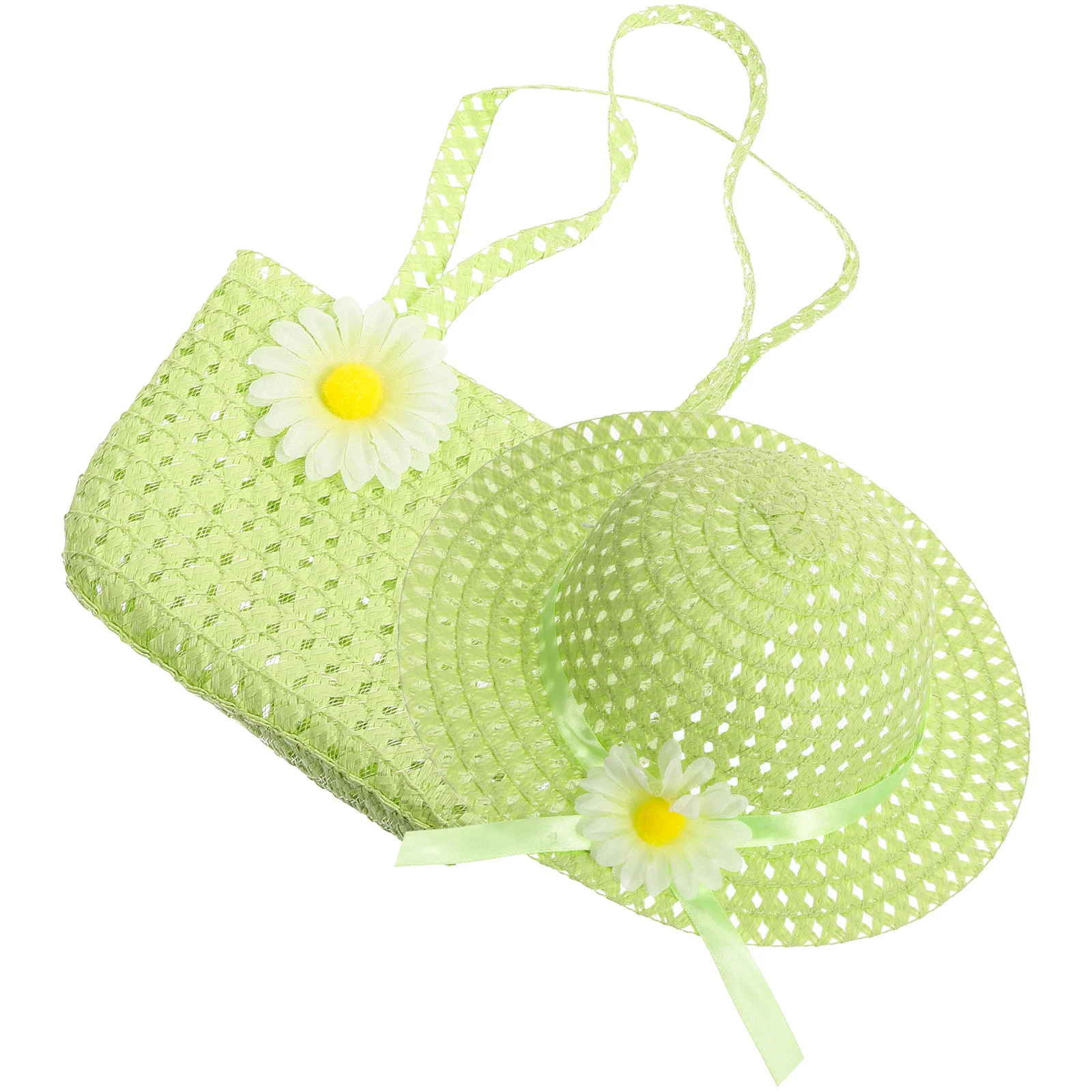 

Children's Straw Hat Beach Bag Set Light Green Durable Girls Sunshade Summer Travel Accessories Portable Design Straw Bags