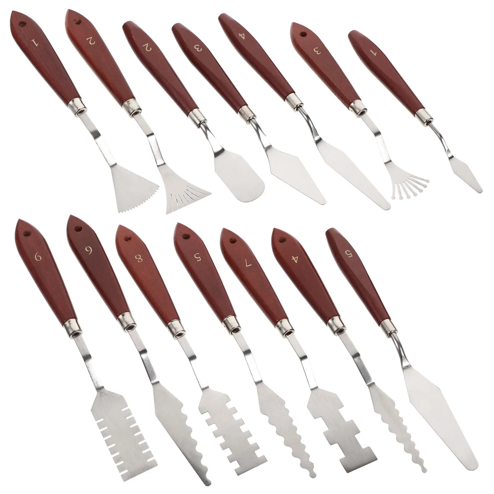 14Pcs Painting Spatula Set Premium Stainless Steel Tips Natural Wood Handle for Oil Acrylic Painting Mixing Spreading Scratching