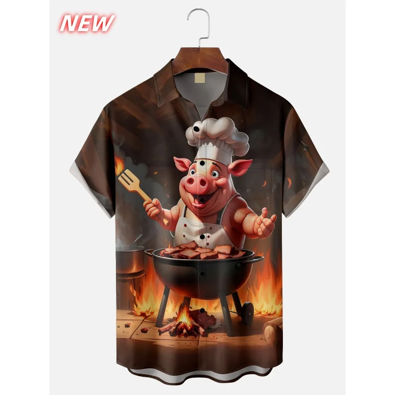 القرش الدجاج القط نمط قميص هاواي صيفي الرجال الهيكل العظمي ثلاثية الأبعاد مطبوعة قصيرة الأكمام بلوزة ملابس بحر عادية زر قمصان ألوها فضفاضة #5