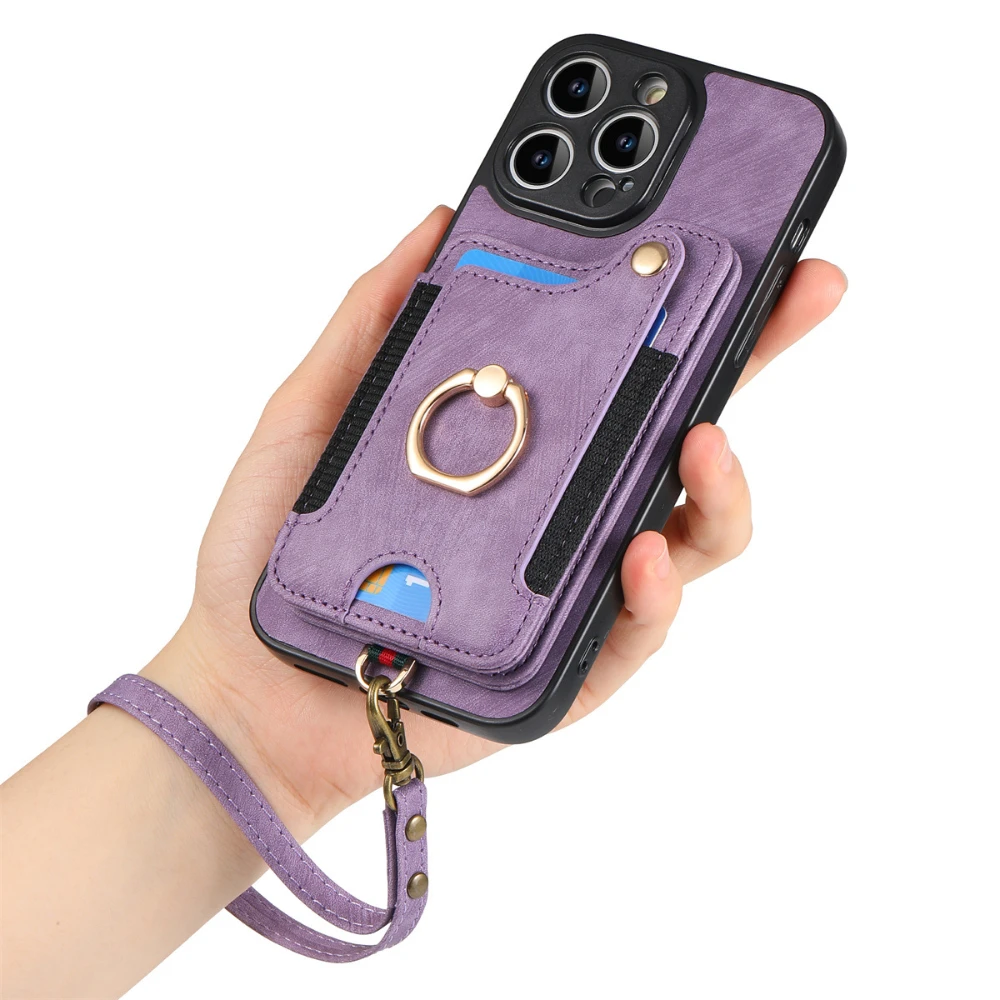 Funda de teléfono de cuero de lujo para iPhone 14 15 16 17 Pro Max Air 16e Plus 13 12 11 con ranura para tarjetas anillo hebilla cordón contraportada LD4
