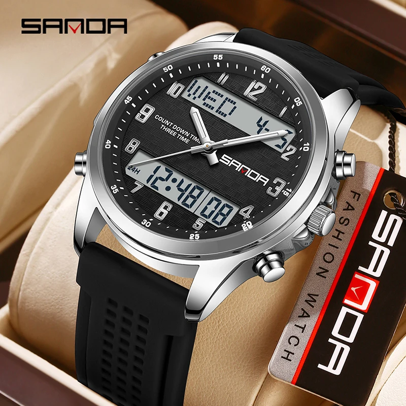 SANDA جديد 9119 العرض المزدوج ساعة إلكترونية للرجال شريط السيليكون ساعة كوارتز ضوء الليل ساعة تنبيه 5ATM ساعة رجالي رياضية