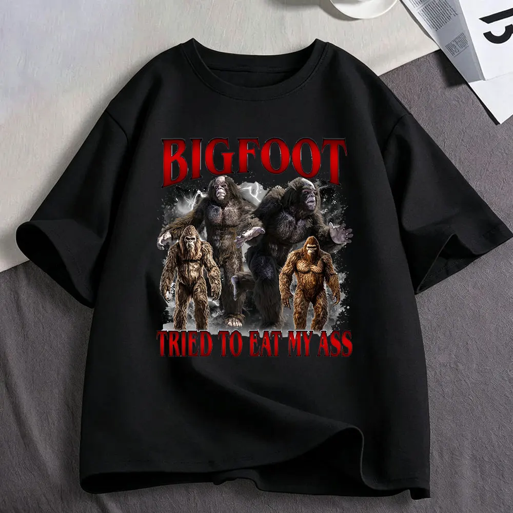 Bigfoot Tried To Eat My Ass Funny Gorilla Meme Graphic T Shirts Fashion Short Sleeve T-shirt Men Women Casual Oversized T-shirts