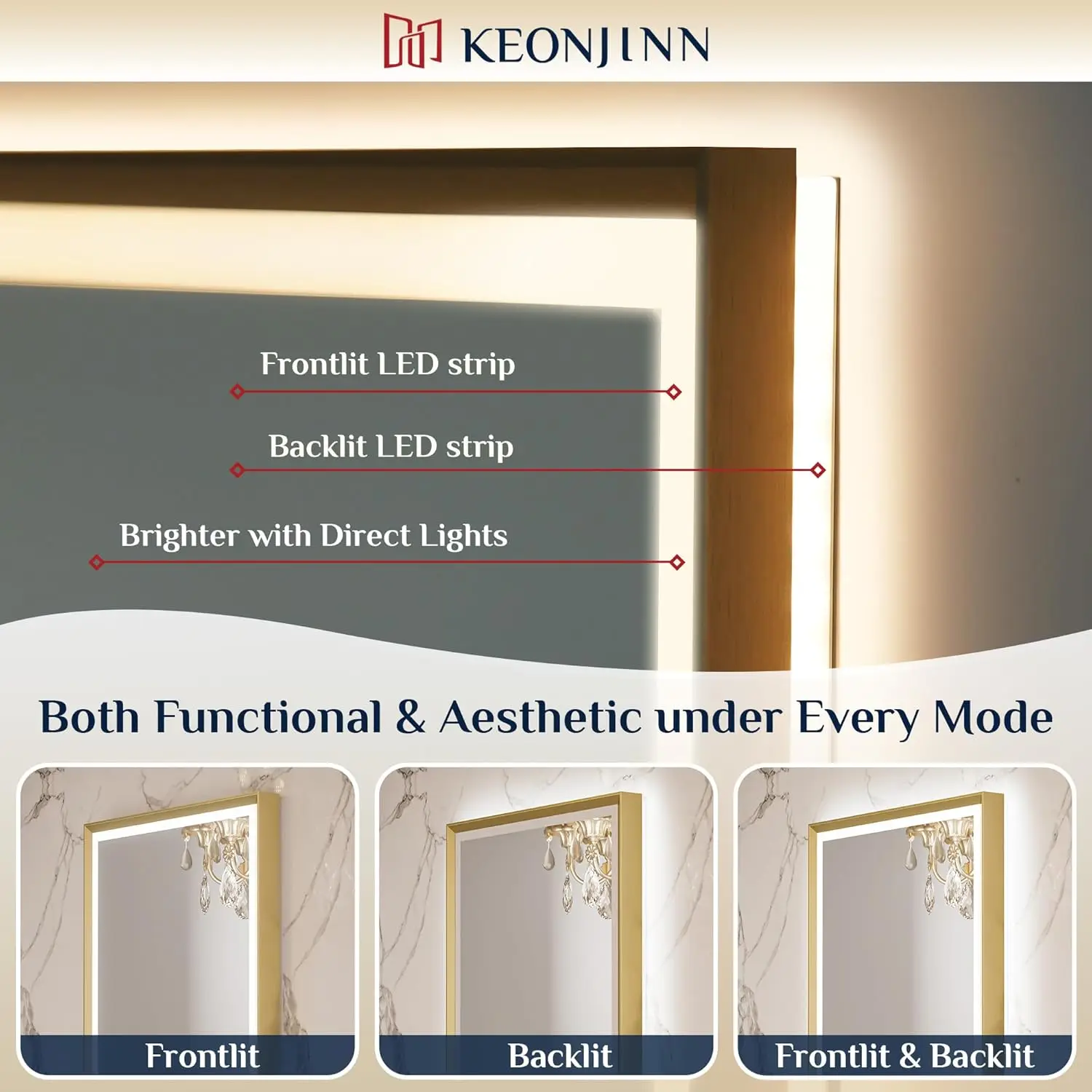 Keonjinn 24” X 36” Gold Led Bathroom Mirror With Frontlit & Backlit, Metal Framed Lighted Vanity Mirror With Stepless 3-Color