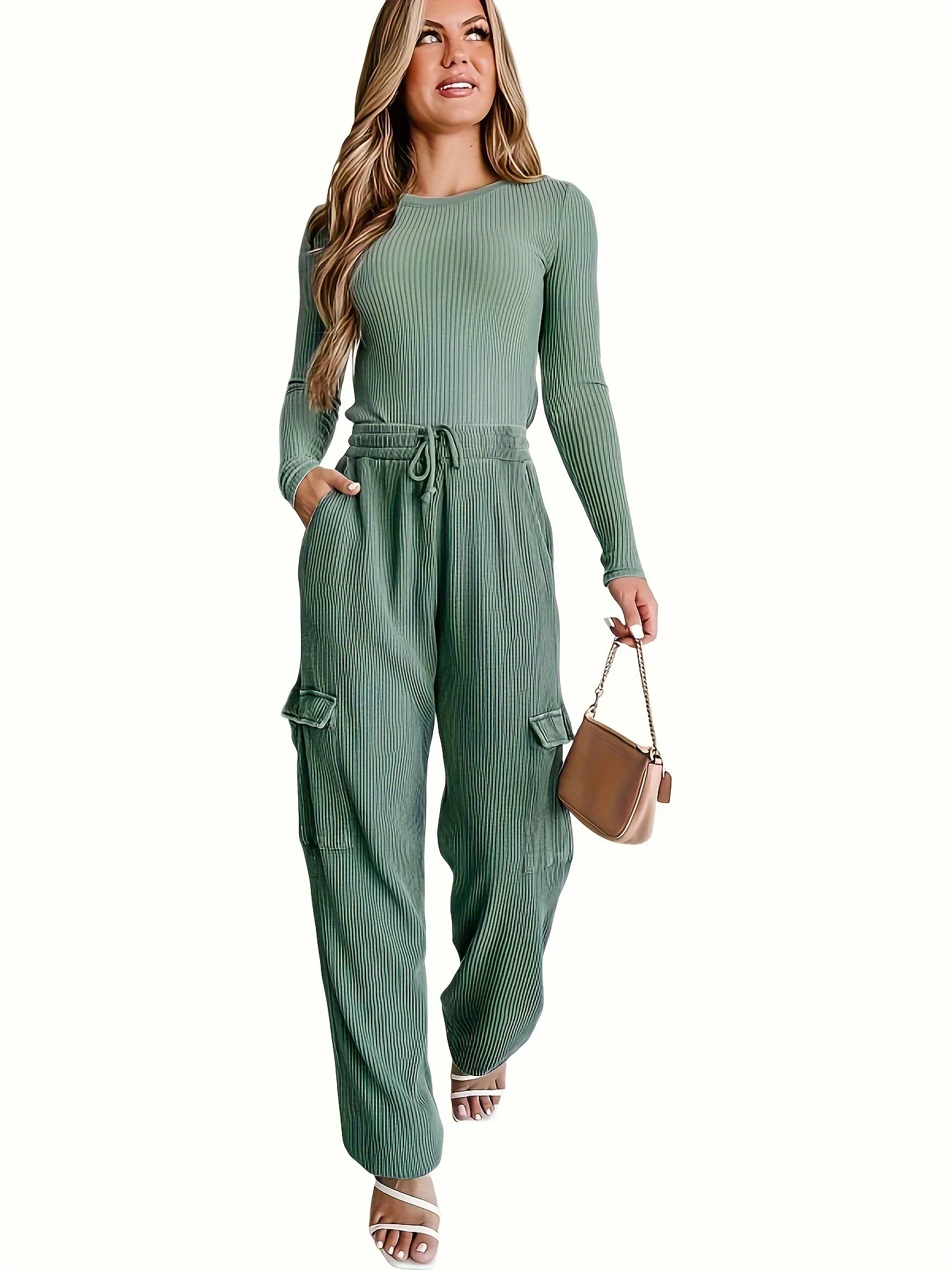 Effen Kleur Flap Zakken Harembroek Vakantie Trekkoord Hoge Taille Broek Voor Lente En Herfst Dameskleding