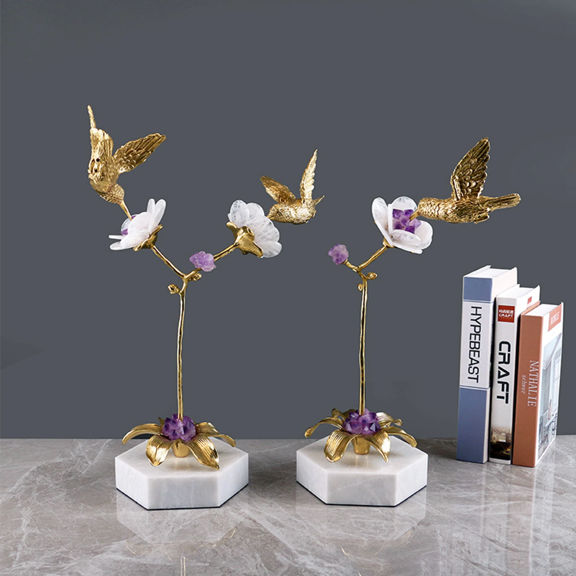 Natural Crystal Stone Flower Tree Brass Bird Ornament Shop Decoration Home Soft Decoration Accessories Beautiful Gift