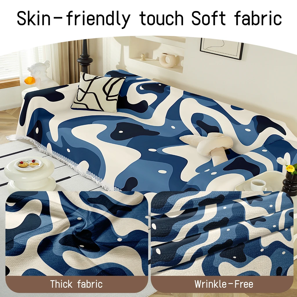 1pc Abstract Blue Camo Sofa Throw Blanket, Fringe Tassel Couch Cover for Living Room, Soft Washable Furniture Protector