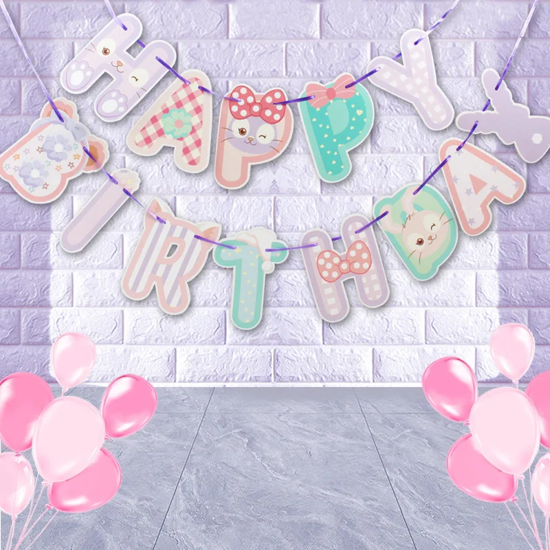 Cute Purple Rabbit Happy Birthday Paper Banner Bunny Bunting Garland For Girls Birthday Party Decoration Supplies