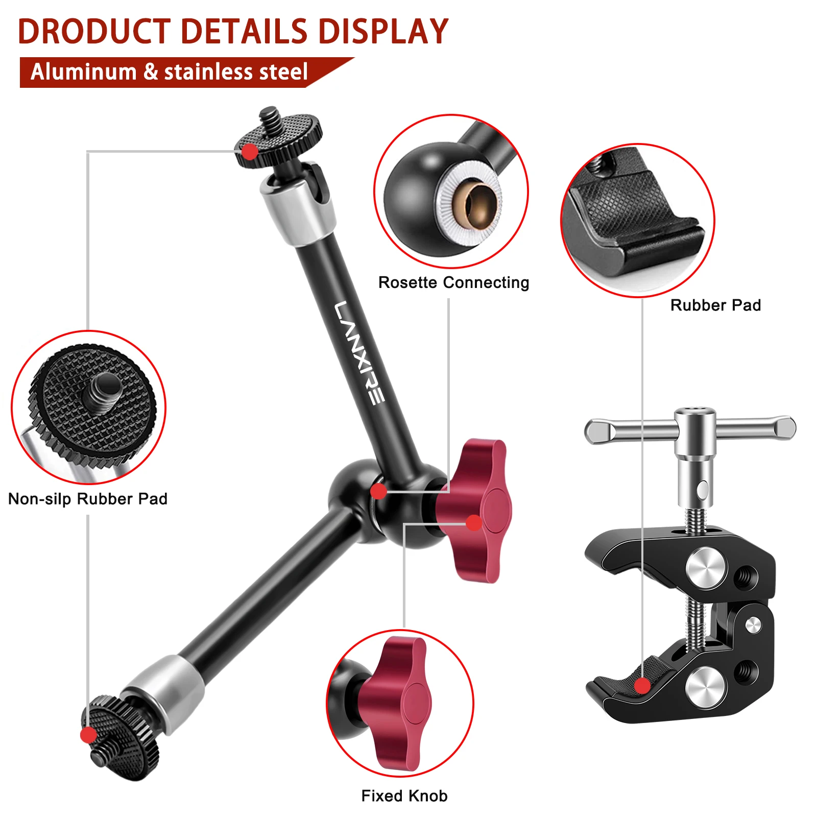 Lanxire Super Clamp e braccio magico regolabile da 9.8 pollici per telefono Video Mount Monitor per fotocamera LED Light microfono Flash