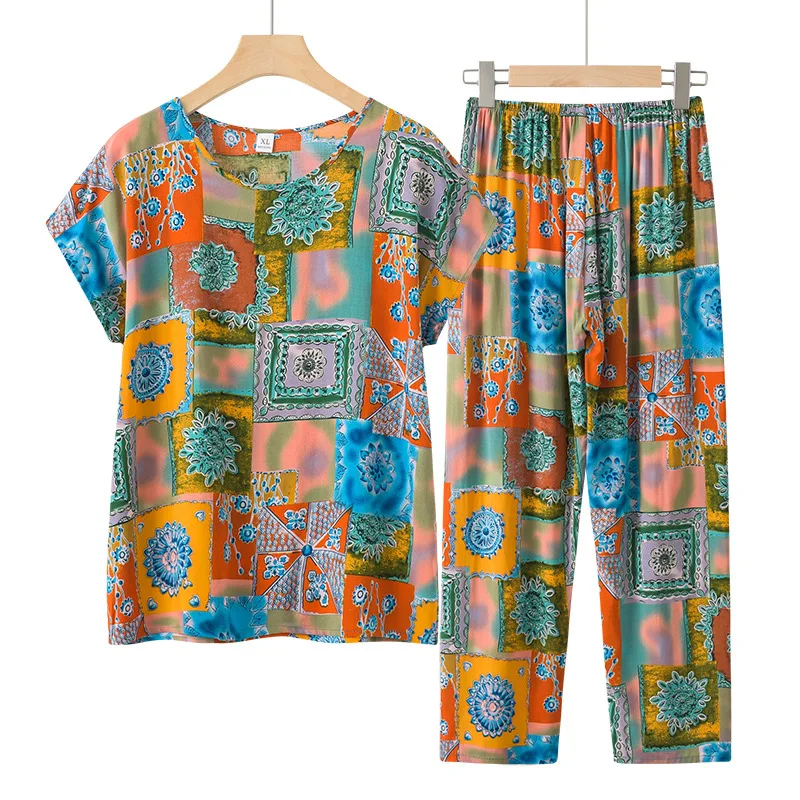 

Grandma Pajama Sets Summer Short Sleeve Sleepwear Women 2 Piece Set Outfit Pijama Feminino Plus Size Homewear Two-piece Pyjamas