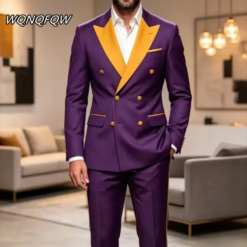 Men's 2-Piece Double Breasted Purple Suit with Yellow Contrast Lapel Slim Fit Formal Blazer And Pants Set for Wedding Prom Party