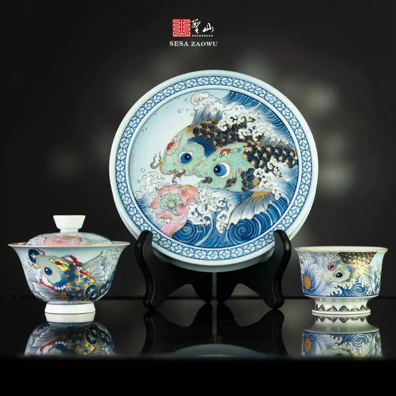 Xunzhen Tang Divine Beasts Series Gold And Silver Enamel'king Of Koi' Colorful Ceramic Set Handmade Tea Brewing Bowl