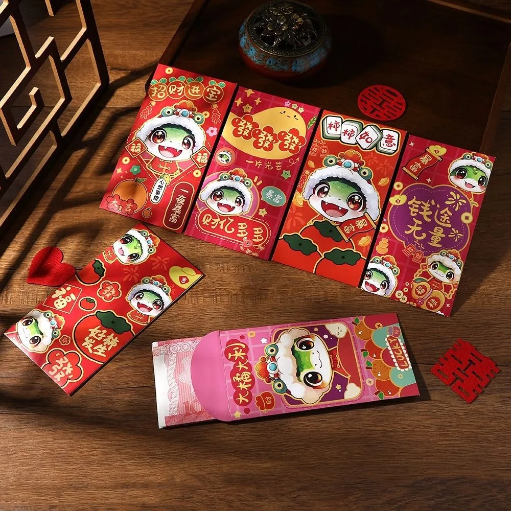 6pcs Cute Chinese New Year Red Envelope Blessing Hongbao 2025 Snake Year Money Pouches Traditional Lucky Money Packets Kids Gift