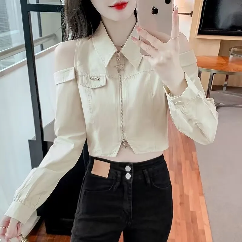 

2025 French Off-the-shoulder Short Shirt Spring Autumn Women Elegant Blouse Female Longsleeve Midriff Top Office Lady Base Shirt