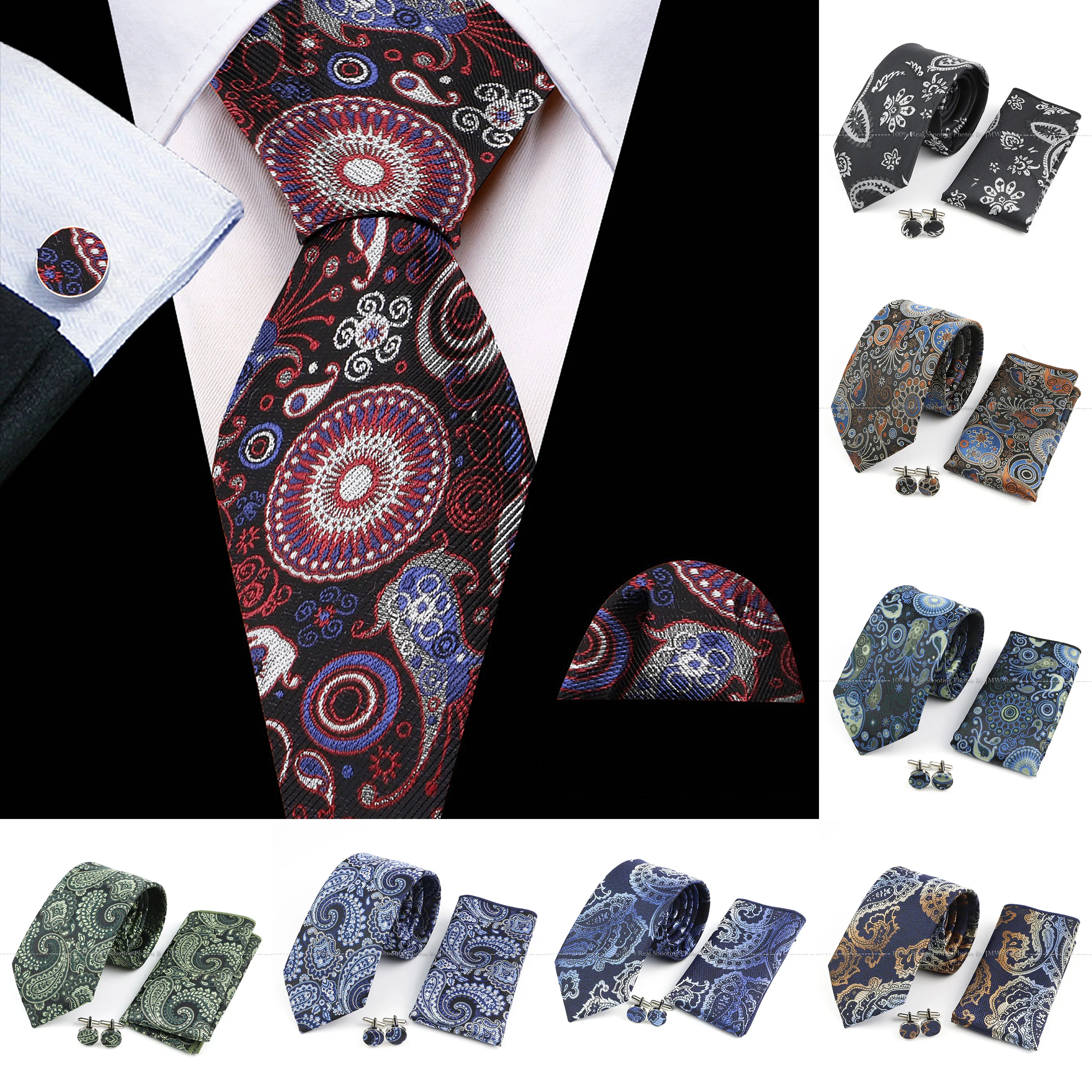 

Paisley Wine Brown Green Novelty Designer Silk Wedding Tie For Men Hanky Cufflinks Gift Mens Fashion Necktie Set Business Party