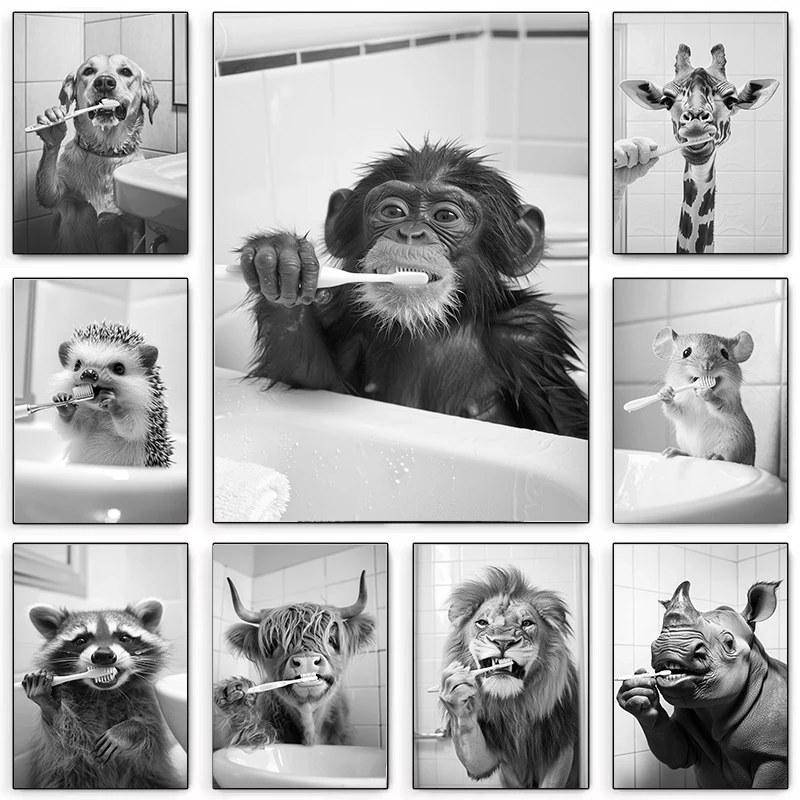 Black White Funny Bathroom Animal Brushing Teeth Poster Vintage Style Canvas Painting Print Wall Art Picture for Home Decoration
