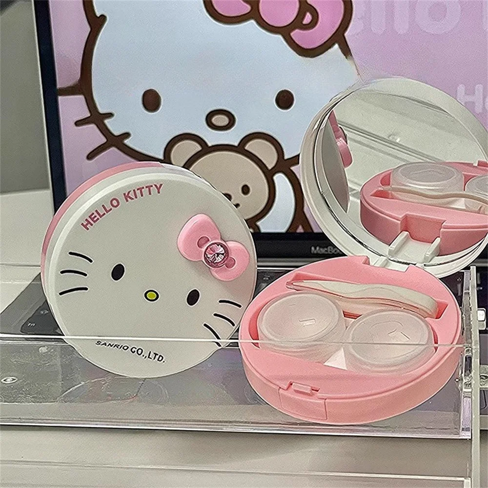 Sanrio Hello Kitty kontakt futerał na okulary rysunkowy kotek kot lustro przenośne pojemnik na soczewki kontaktowe woreczki podróżne pojemnik na