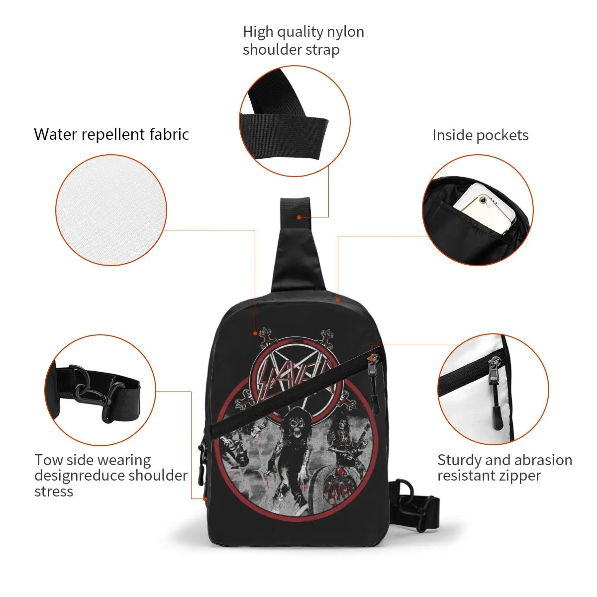 Custom Cool Thrash Metal Band Slayers Sling Bags for Cycling Camping Men Crossbody Chest Backpack Shoulder Daypack