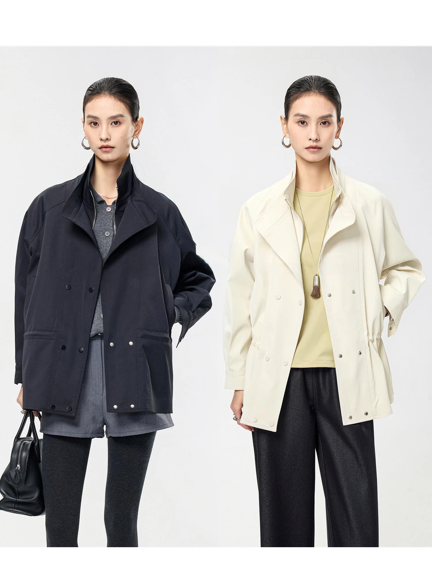 

Faionable Double Layer Collar "False Two-Piece" ort Coat Jaet Waist-Cinching Windbreaker Outerwear by FANLE STUDIOS