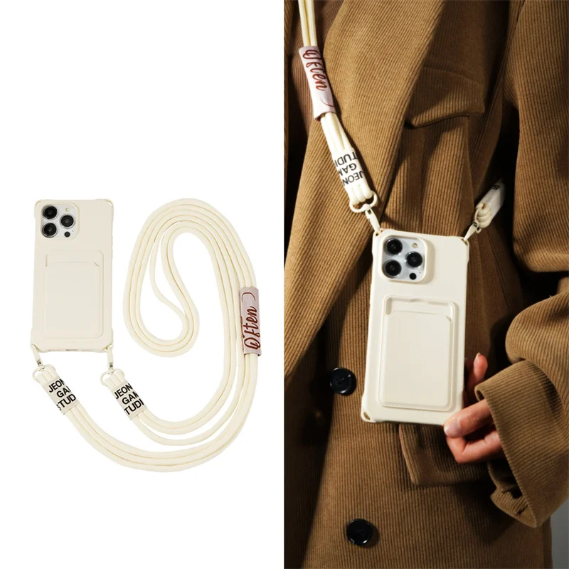 

Strap Case For iPhone 16 15 14 12 11 Pro Max 13 Mini XS X 8 7 Plus Shockproof Silicon Card Slot Crossbody Necklace Lanyard Cover