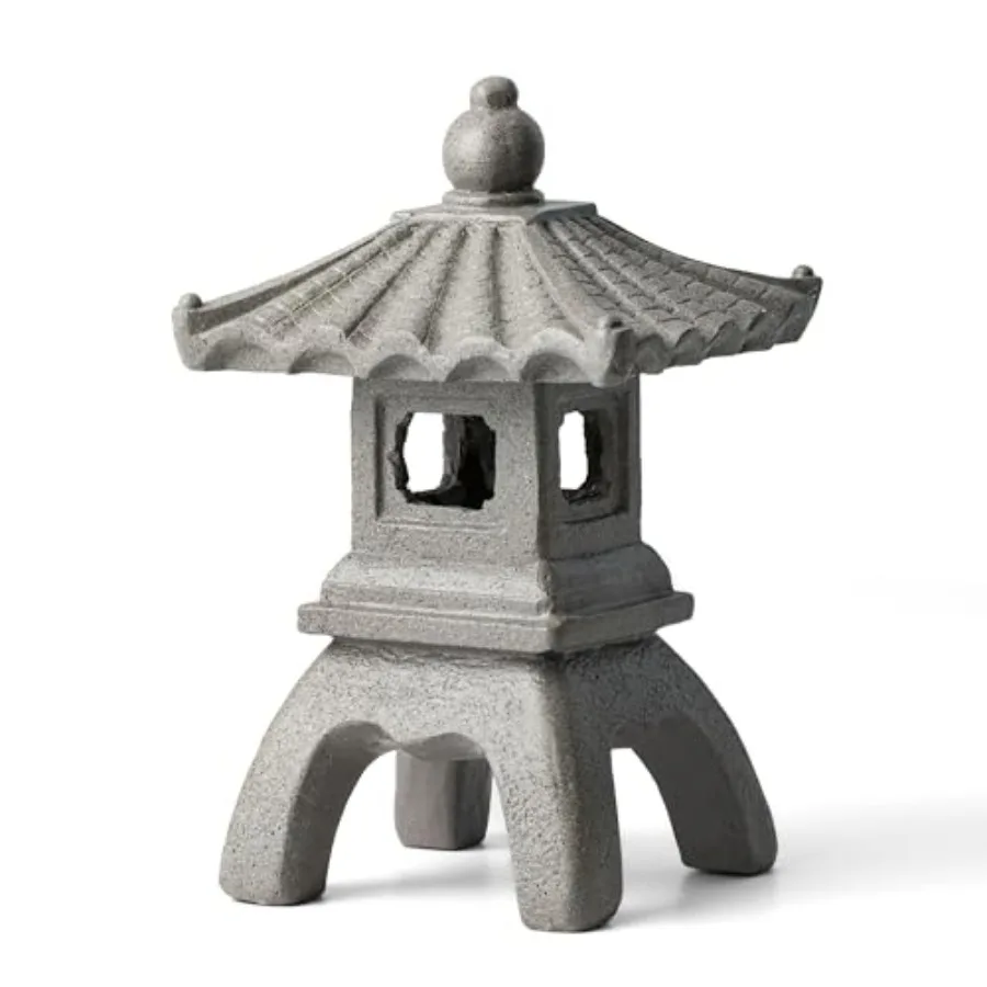 Pagoda garden statue for indoor and outdoor use faux concrete material gray color lightweight and weather-resistant design