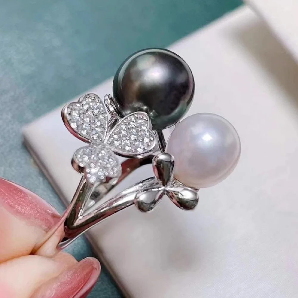 

New Product - Butterfly Flower Pearl Double Pearl Ring AAAA8-9mm+9-10mm Natural Pearl Ring 925s Adjustable Ring Mouth