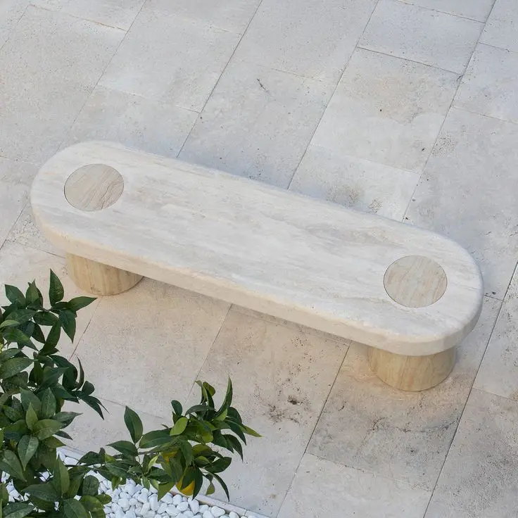 Modern Handcrafted Solid Surface Natural Travertine Stone Outdoor Bench for Hotel Villa Garden