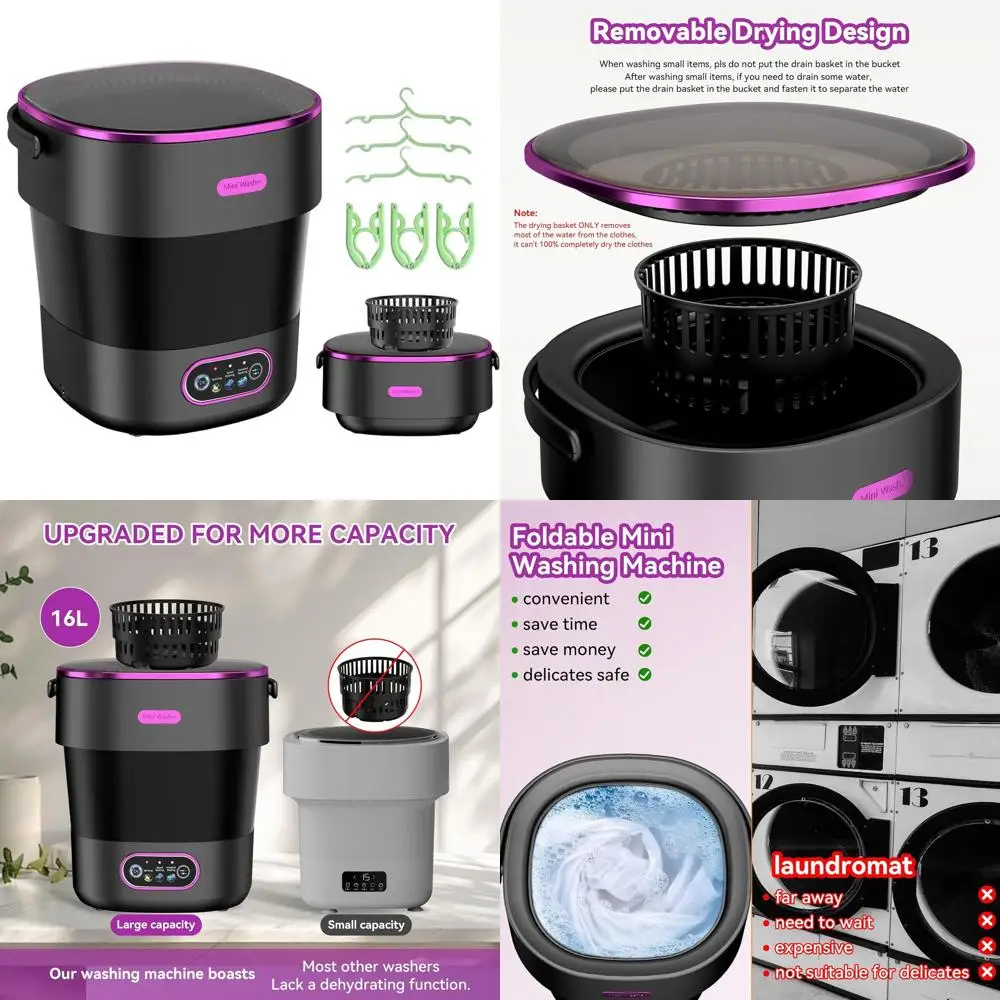 

Compact 16L Laundry Washer with Spin-Dry and Hanger, Ideal for Small Loads, Baby Clothes, Dorms, and Travel (Black)