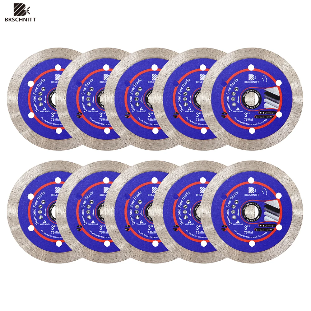 

BRSCHNITT 5/6/10pcs Tile Cutter 75mm Mini Saw 3inch Continuous Tooth Ceramic Saw Blade for Tile Marble Granite Bore 10mm Dry Wet