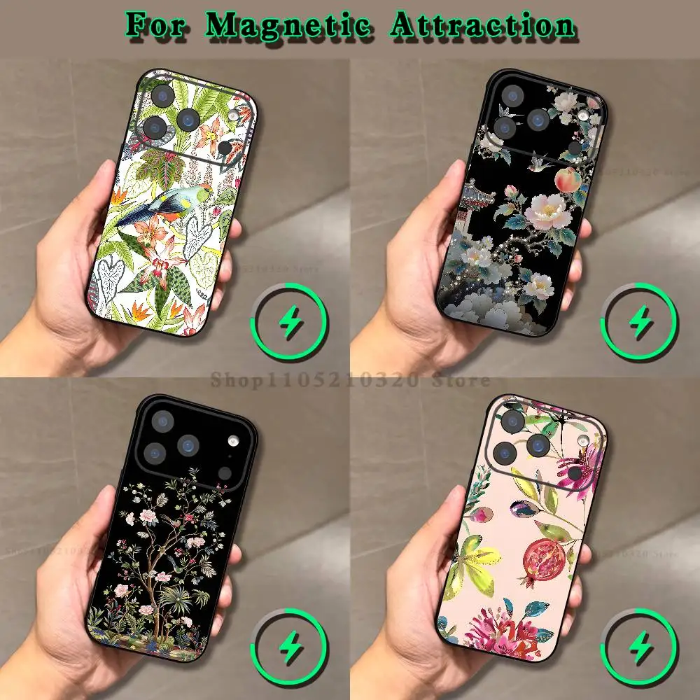 Elegant Floral Bird Botanical Phone Case For iPhone 18,17,16,15,14,13,12,11 X,XS,Pro,Max,Plus,E,Air,Mini with Magnetic Frosted
