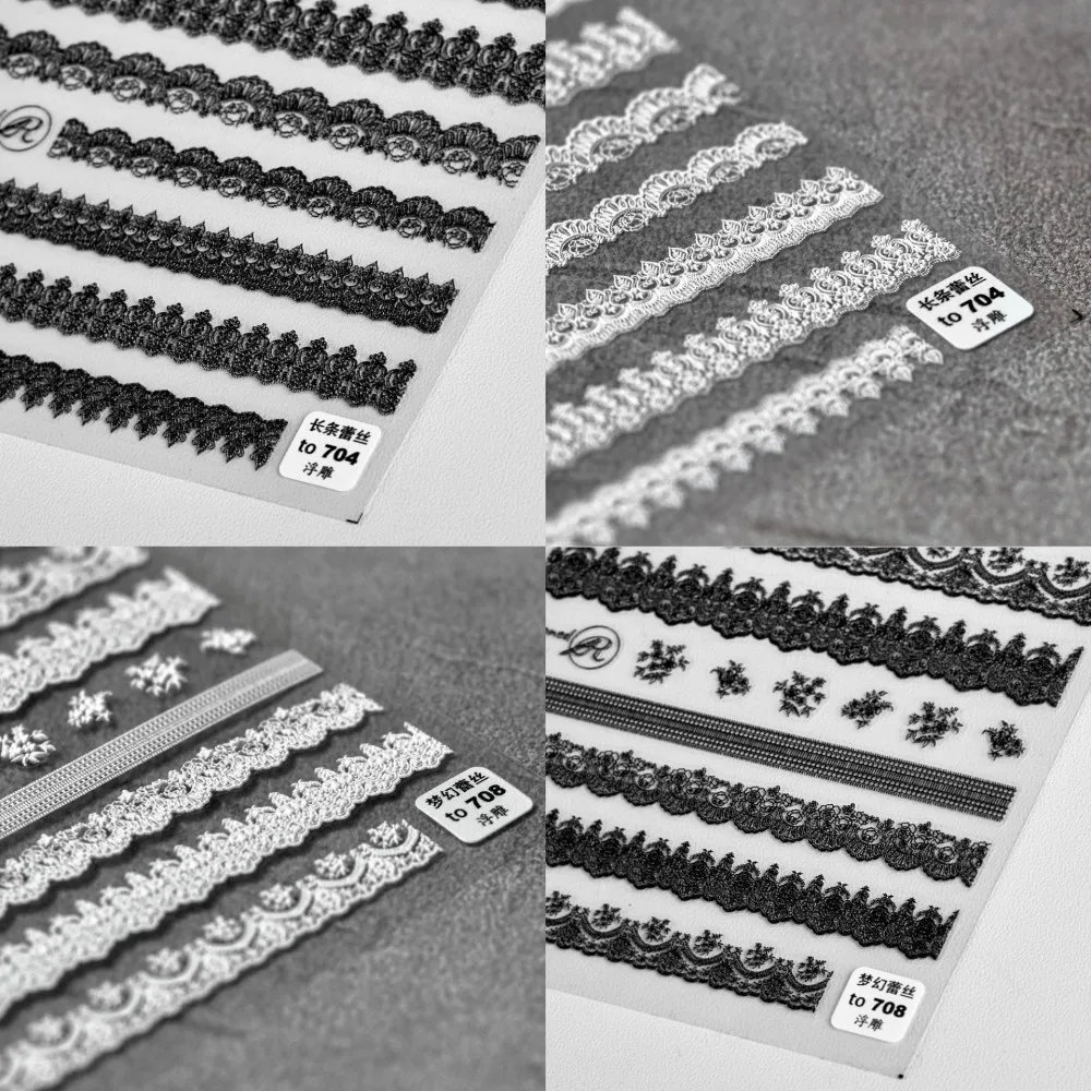 1 stücke 5d Relief kawaii Spitze Nail Art Aufkleber japanische schwarz weiß Nagel Dekoration Aufkleber selbst klebende Maniküre Zubehör DIY