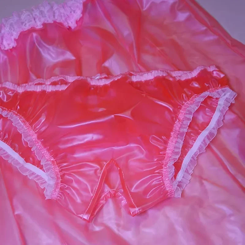 Mutandine di plastica con apertura sul cavallo in PVC trasparente sexy da donna Vita bassa con volant in pizzo Morbido silenzioso impermeabile Sissy Coppia slip erotici