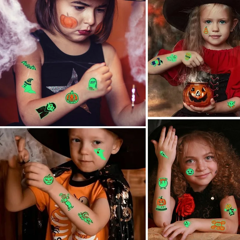 Stiker tato bercahaya anak-anak Halloween, tato sementara Kartun bercahaya seni tubuh lengan tato palsu untuk anak-anak