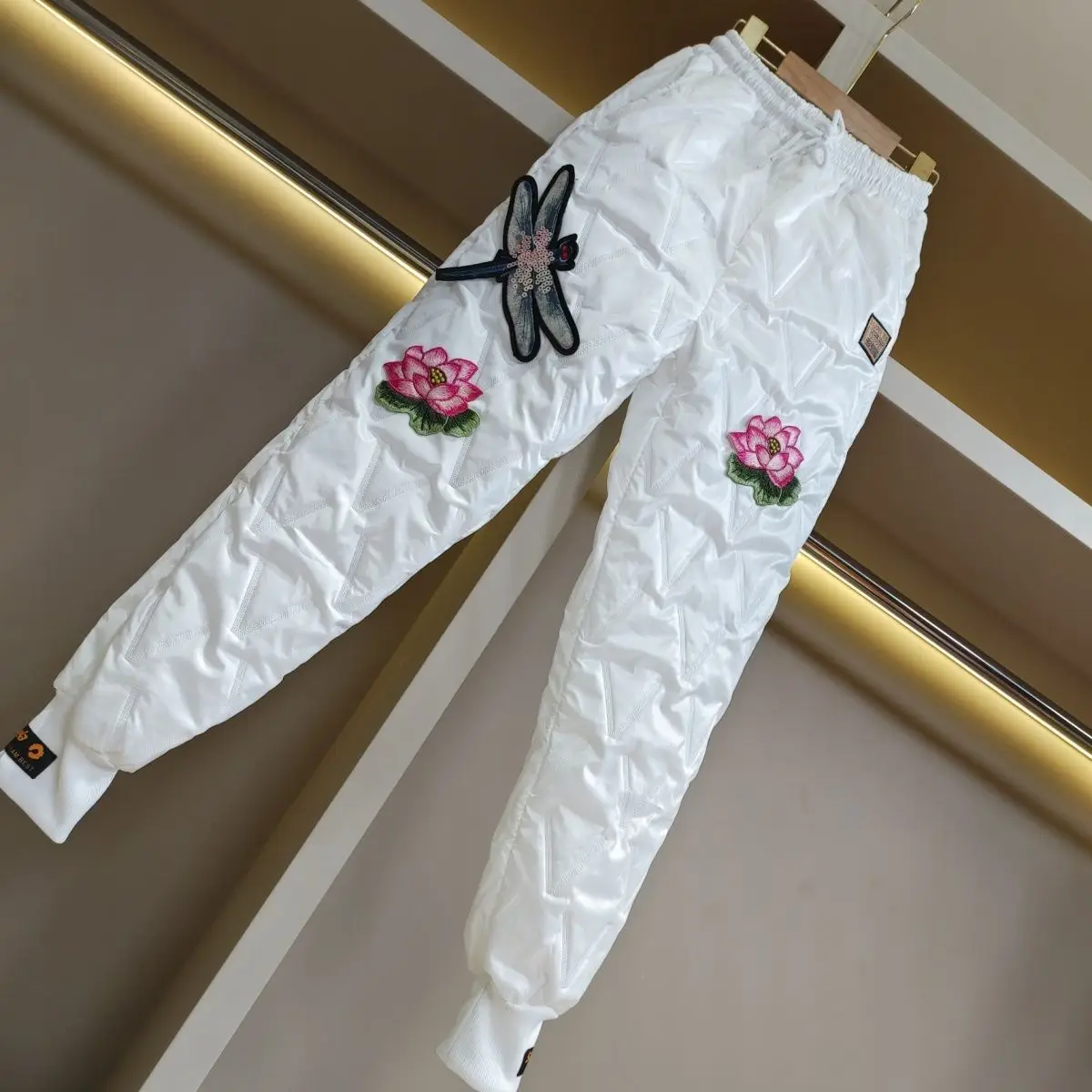 Thicken White Duck Down Cotton-padded Trousers New Winter Fashion Elastic Waist Warm Lotus Dragonfly Embroidery Harem Pants