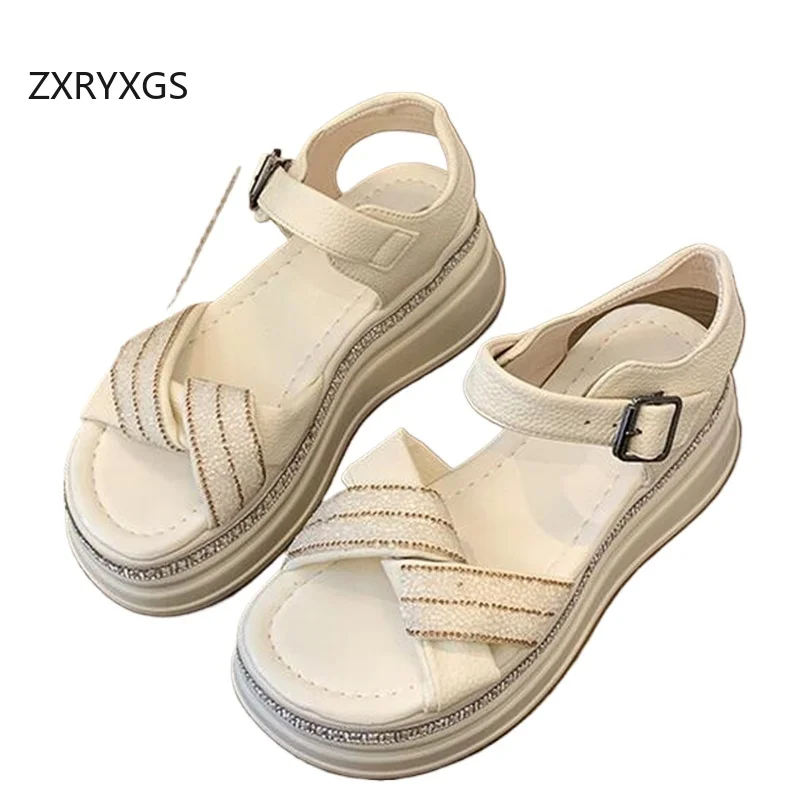 ZXRYXGS 2024 Summer Rhinestone Fashion Sandals Platform Heightening Shoes Wedges Sandals Exquisite Temperament Ladies Sandals