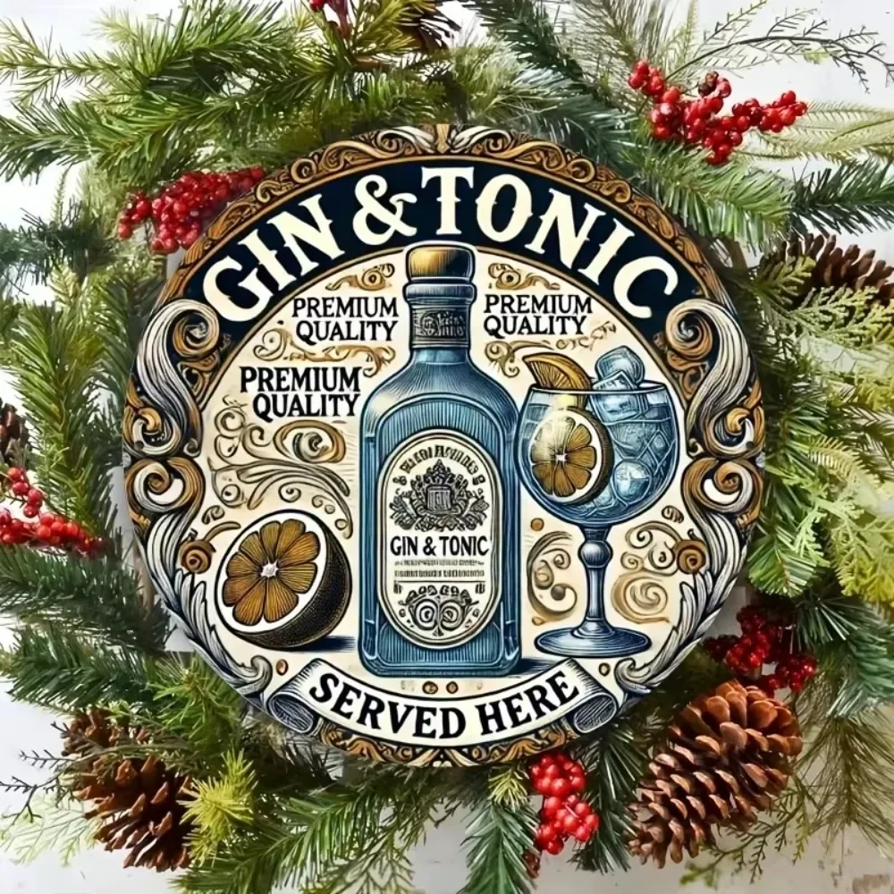 جين فينتاج برو ™   لوحة صفائح حديد عتيقة - علامة دائرية من الألومنيوم "GIN Tonic خدم هنا"، ديكور منزلي ريفي متين