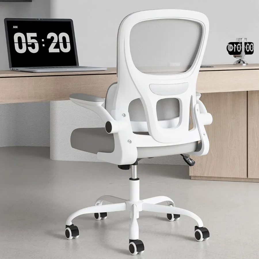 Home Office Chair with Flip-Up Arms, Adjustable Lumbar Support, Height Swivel Adjustment, Rolling Casters, White Fabric Seat fo
