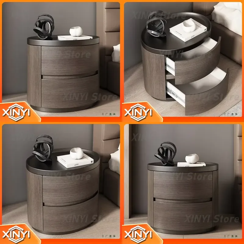 High-end Light Luxury Minimalist Compact Practical Round Solid Wood 2-Drawer Bedside Table for Apartment for Small Space