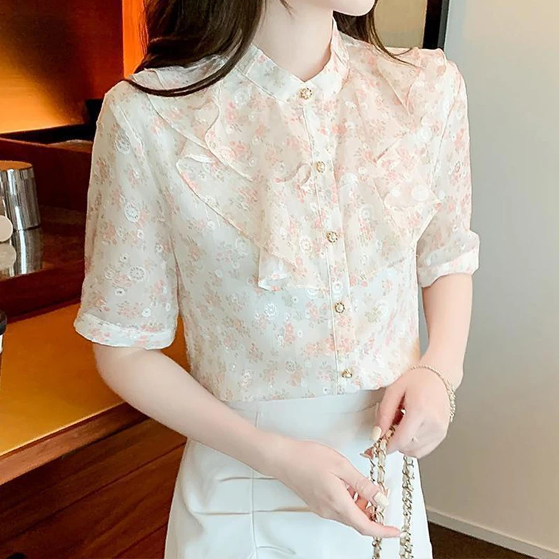 Summer New 2022 Trend Commuting Leisure Elegant Simple Blouse Women Printed Ruffle Bubble Sleeve Chiffon Temperament Lady Shirt