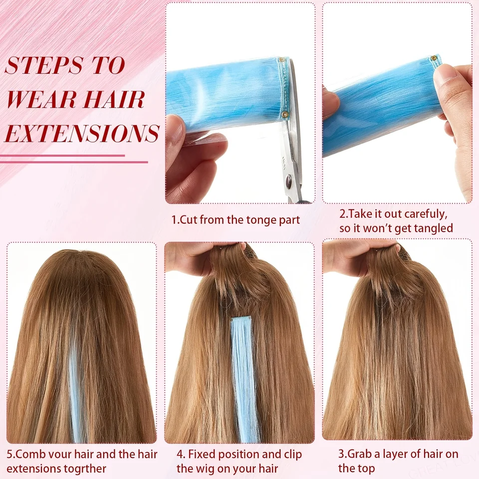 Extensiones de cabello sintético de 4 piezas con brillo fluorescente para mujer, con clip, suaves, fáciles de usar para fiestas 6