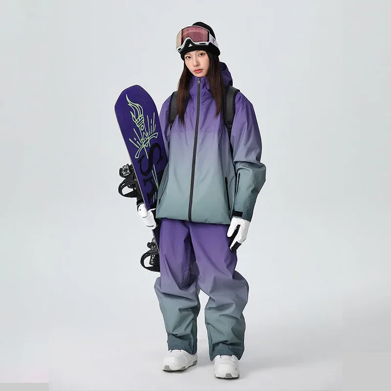 

2025 New Gradient Color Ski Suit Women's Single Double Board Outdoor Cotton Windproof Ski Clothing Man Sports Loose Snow Pants
