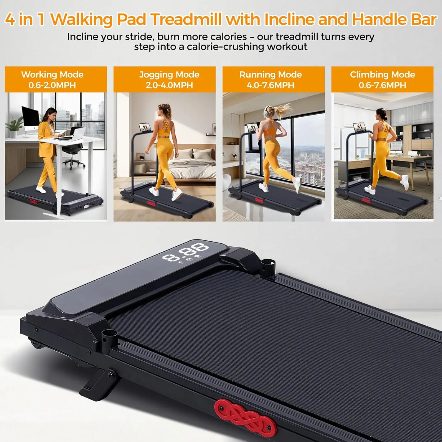 2026 Upgraded 3.0HP Under-Desk Walking Pad Treadmill with Handle Bar & Incline, Speed Range 0.6–7.6 MPH, Max 350-LB Capacity for Small Home Rooms
