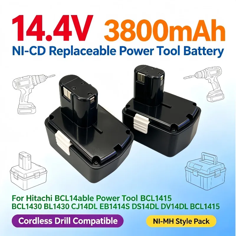 Power Tool Replace Battery 14.4V 3800mAh NI‑MH Compatible With Hitachi BCL1430 EB1414S DS14DL DV14DL CJ14DL BCL1415